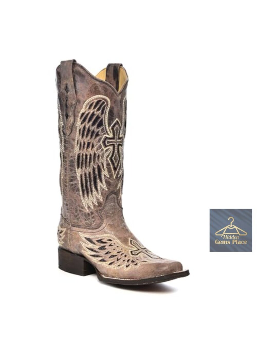 Authentic Leather Cowgirl Boots Square Toe Embroidered Sequin Winged Cross